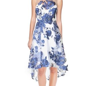 Marchesa Ivory Blue Embroidered flora hi-low sz 16